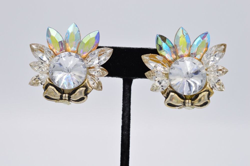 Vintage Crystal Clip On Earrings AB Rhinestone Bow Statement Retro 80s BinAB